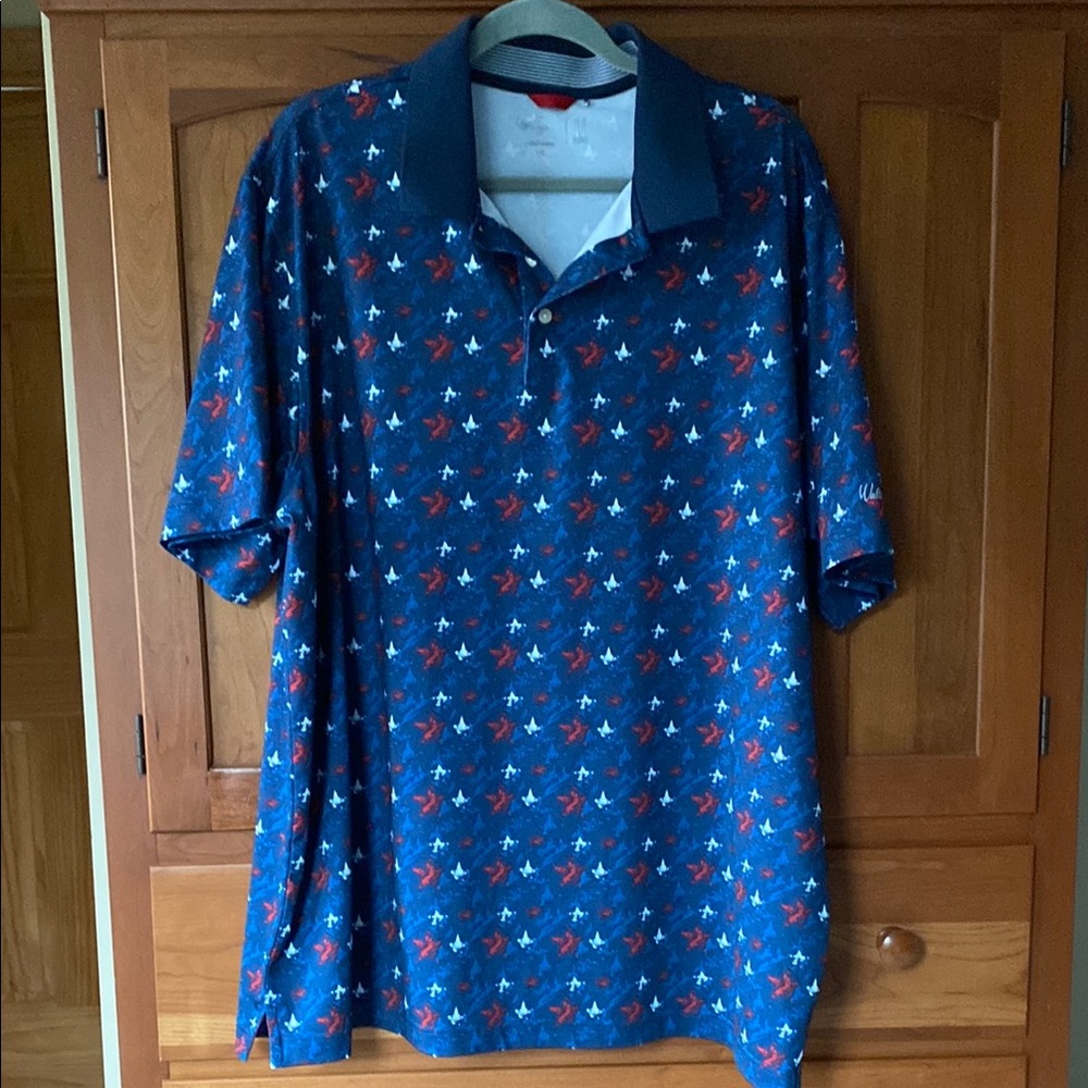 Walter Hagen Men's Blue Polo Shirt with Red and White Accents